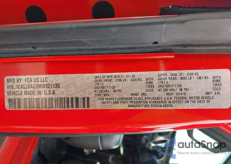 2021 Jeep Wrangler Sport 4X4 z USA, uszkodzony, nr VIN 1C4GJXAG0MW621130